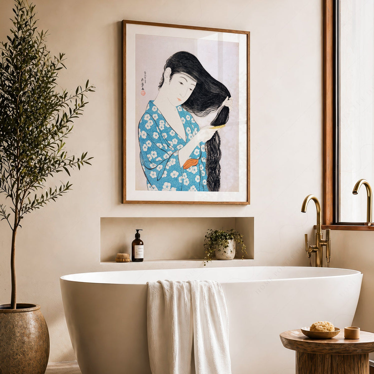 Impression Hashiguchi Goyo Femme se coiffant – Décor mural estampe japonaise sur bois