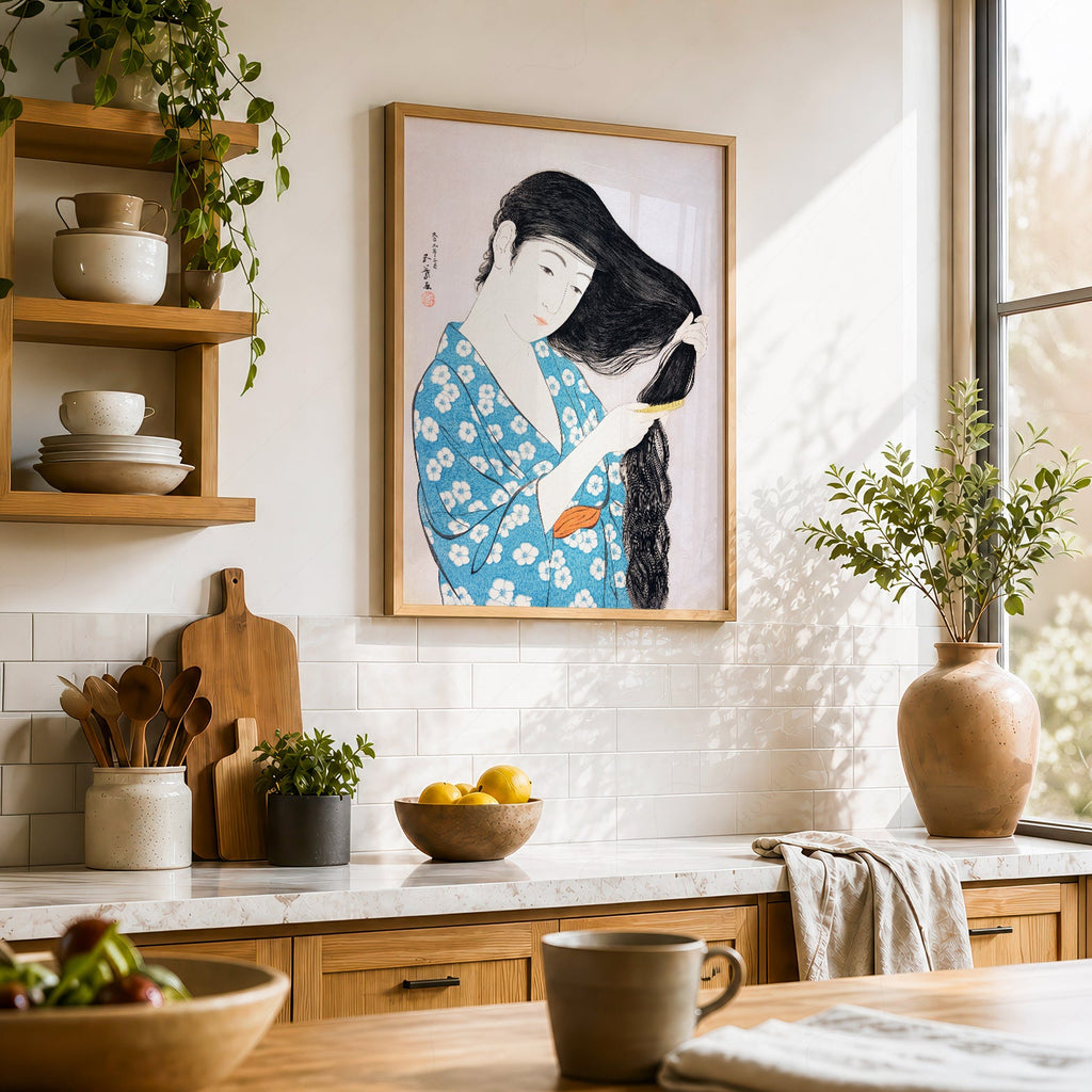 Impression Hashiguchi Goyo Femme se coiffant – Décor mural estampe japonaise sur bois