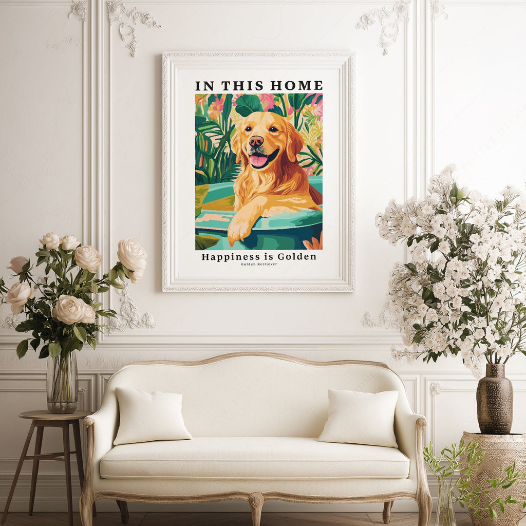 Golden Retriever Art Print – In This Home Happiness is Golden Wall Art