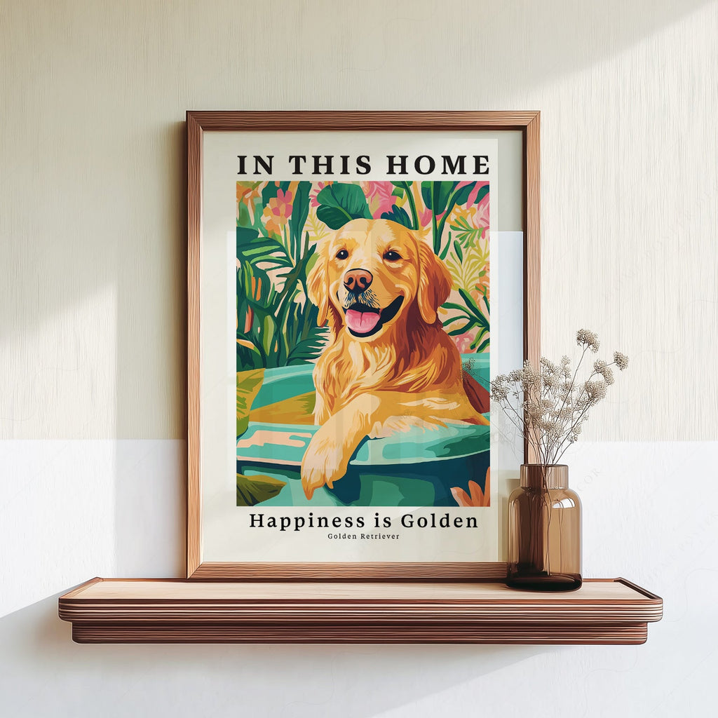 Golden Retriever Art Print – In This Home Happiness is Golden Wall Art