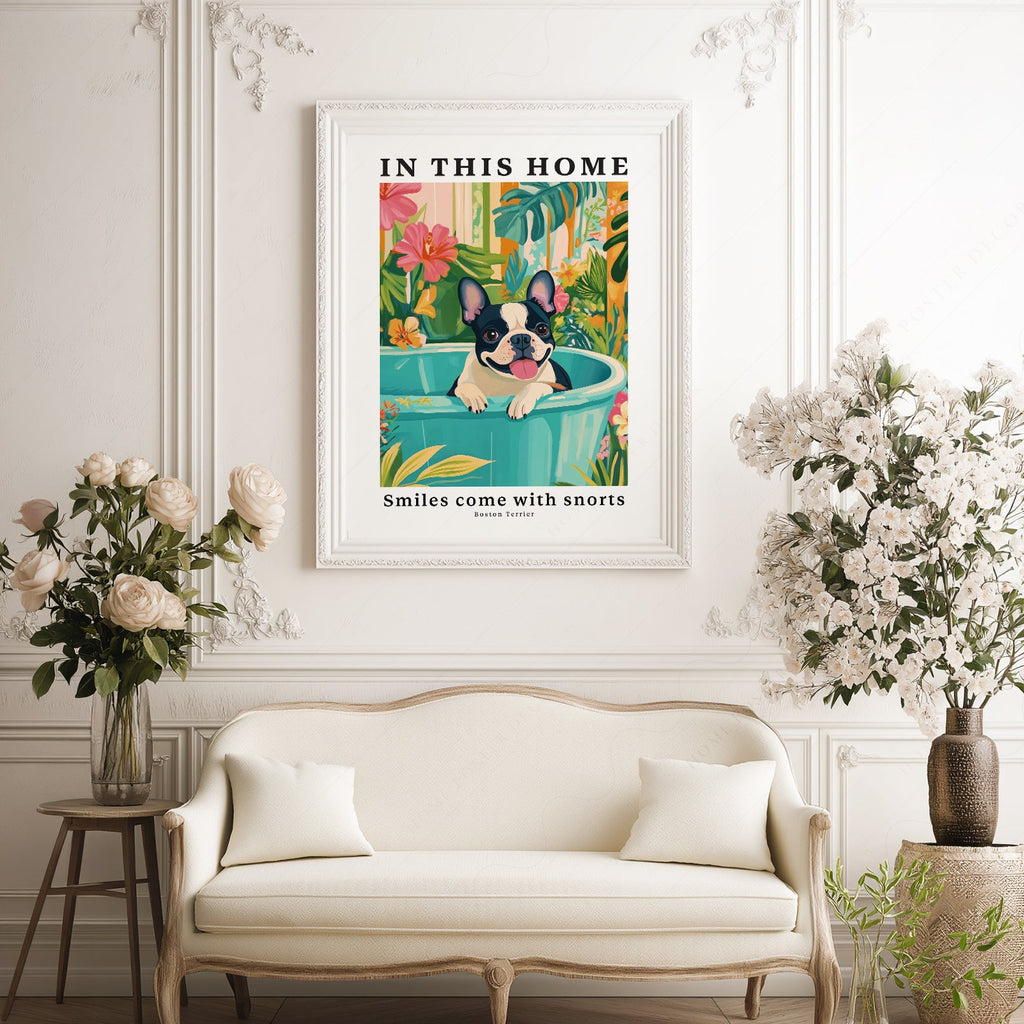 Boston Terrier Wall Art Print – Tropical Dog Poster Home Decor