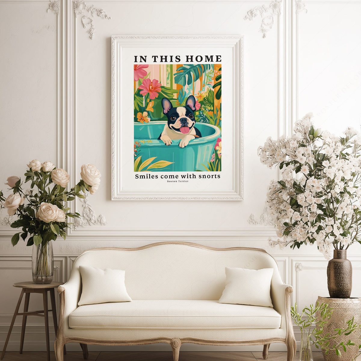 Boston Terrier Wall Art Print – Tropical Dog Poster Home Decor