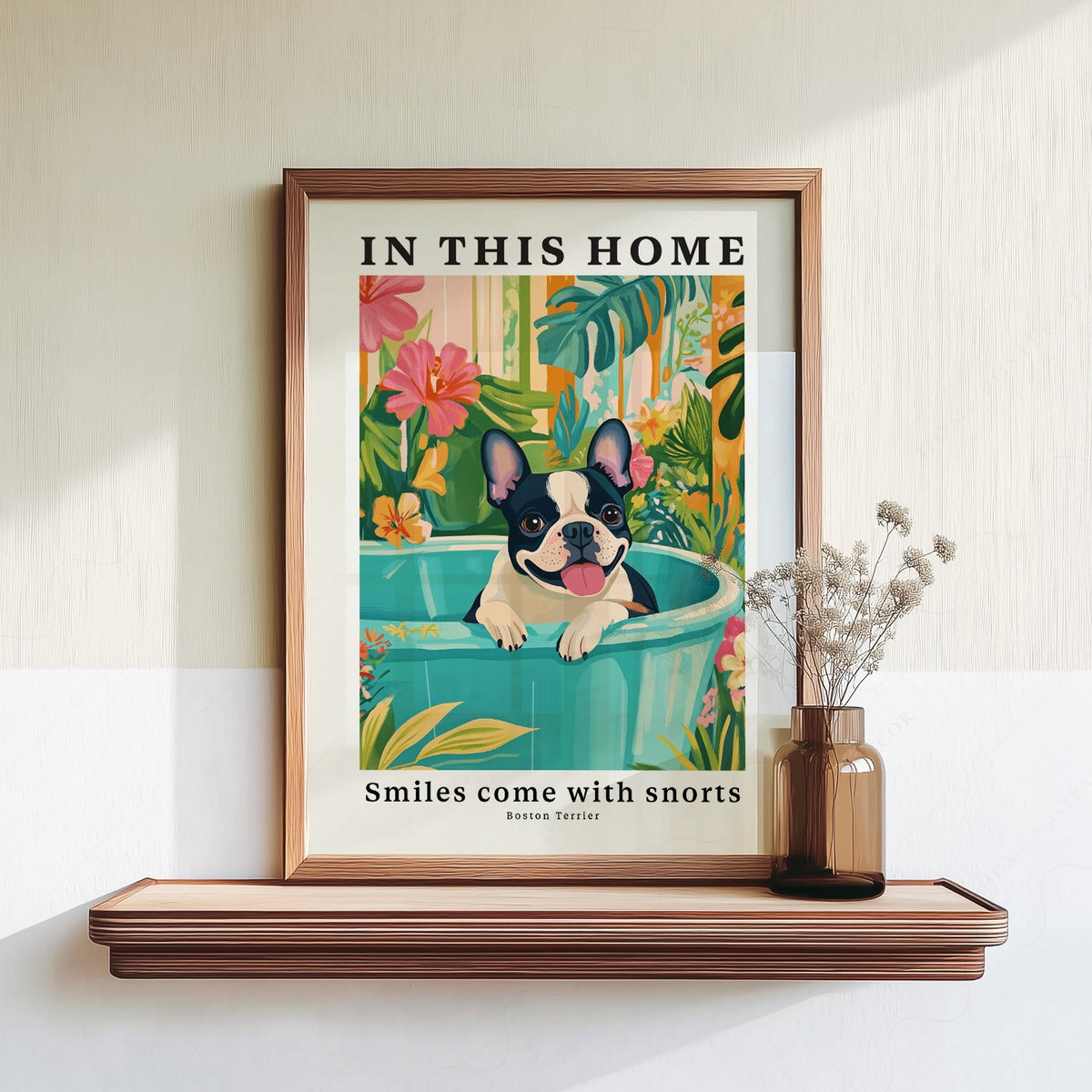 Boston Terrier Wall Art Print – Tropical Dog Poster Home Decor