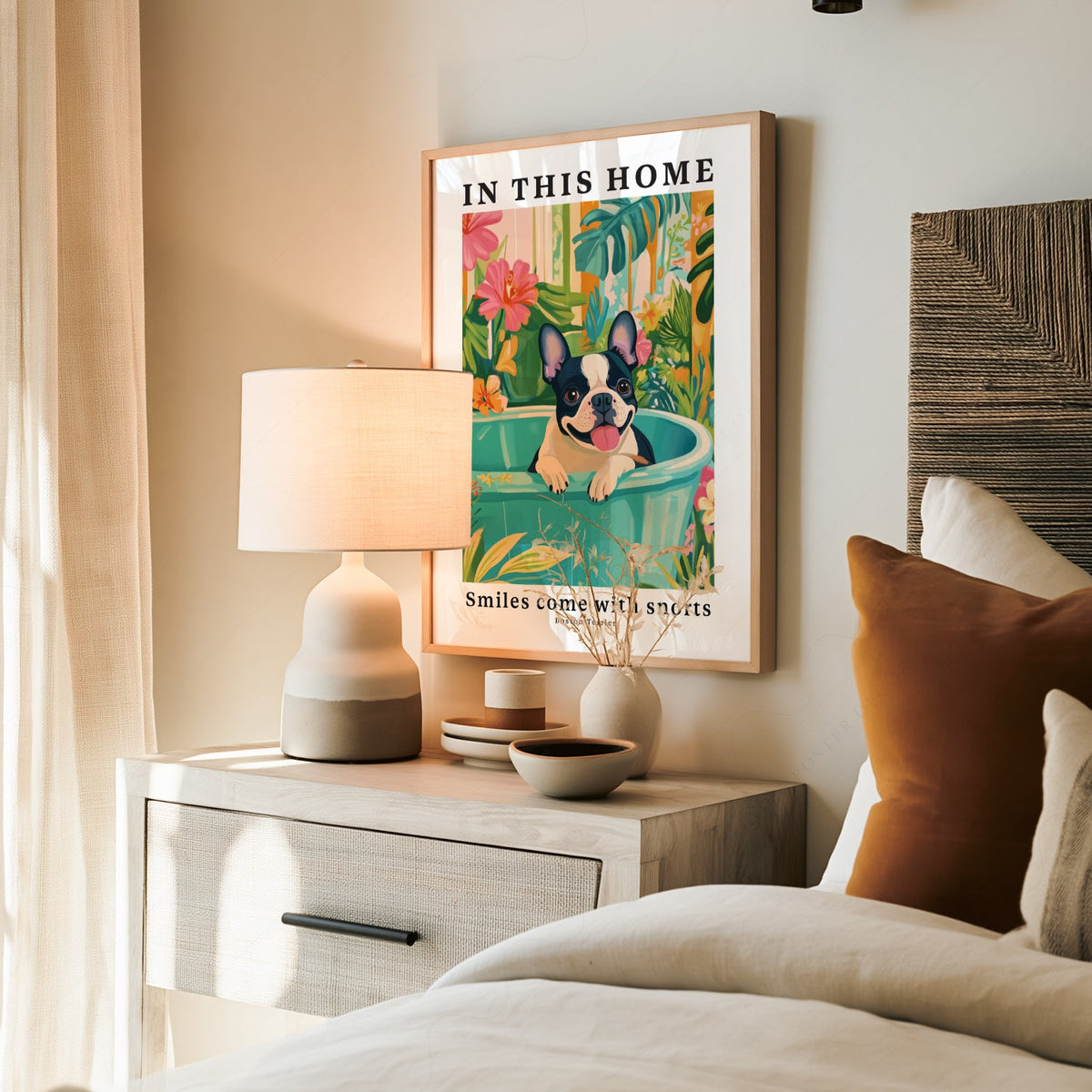 Boston Terrier Wall Art Print – Tropical Dog Poster Home Decor