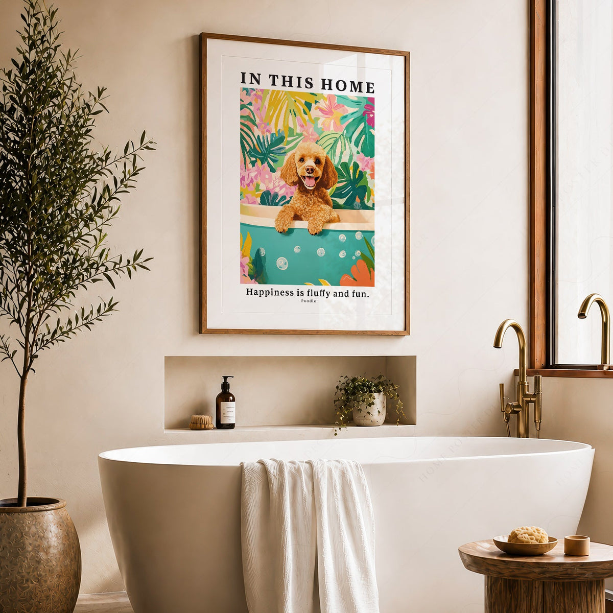 Illustration murale Caniche – Affiche « Dans cette maison, le bonheur est doux et amusant »