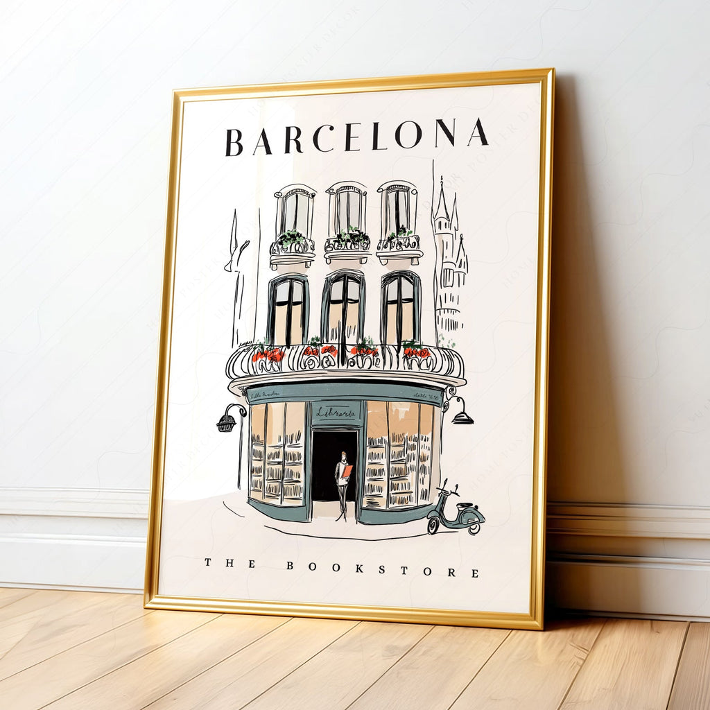 Barcelona Bookstore Illustration Print – European City Wall Art Poster