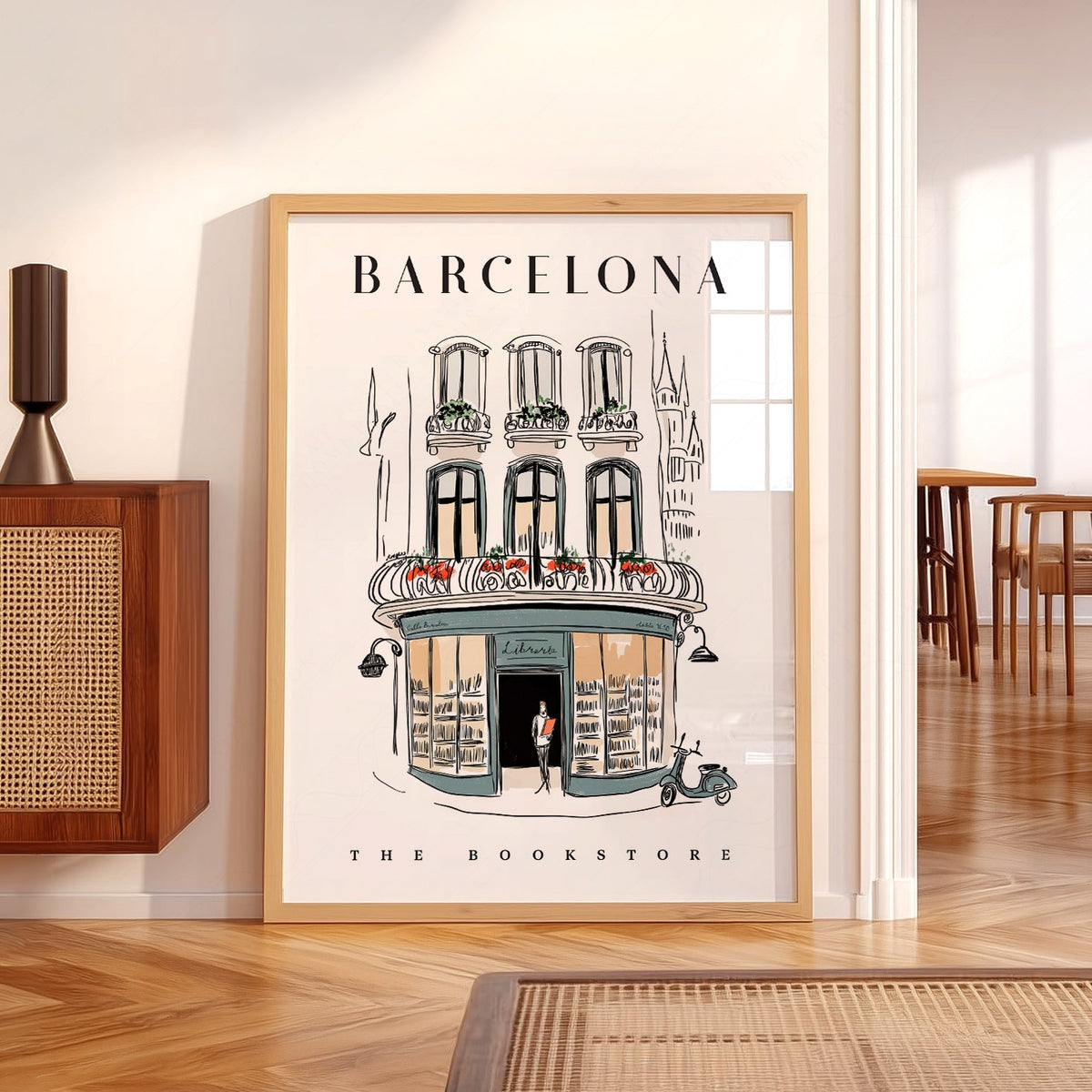 Barcelona Bookstore Illustration Print – European City Wall Art Poster