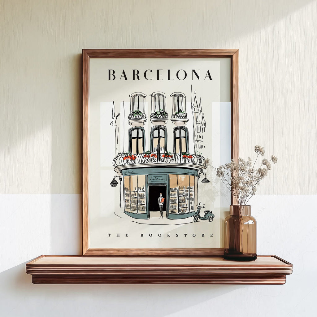 Barcelona Bookstore Illustration Print – European City Wall Art Poster