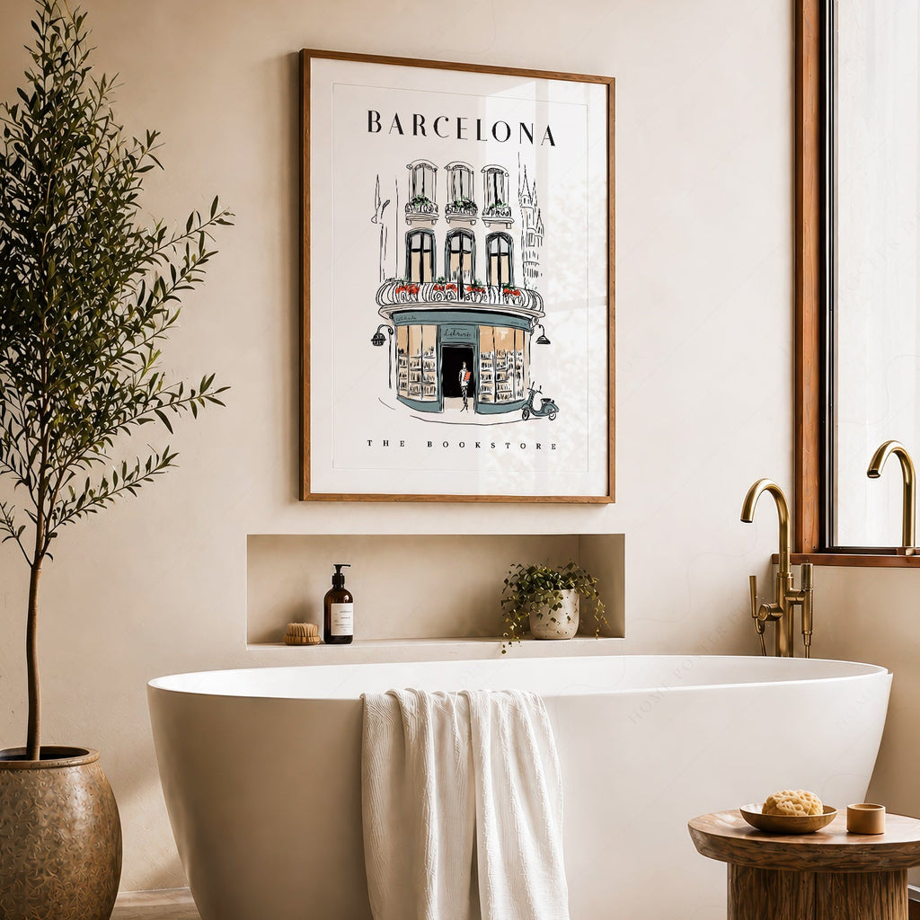 Barcelona Bookstore Illustration Print – European City Wall Art Poster