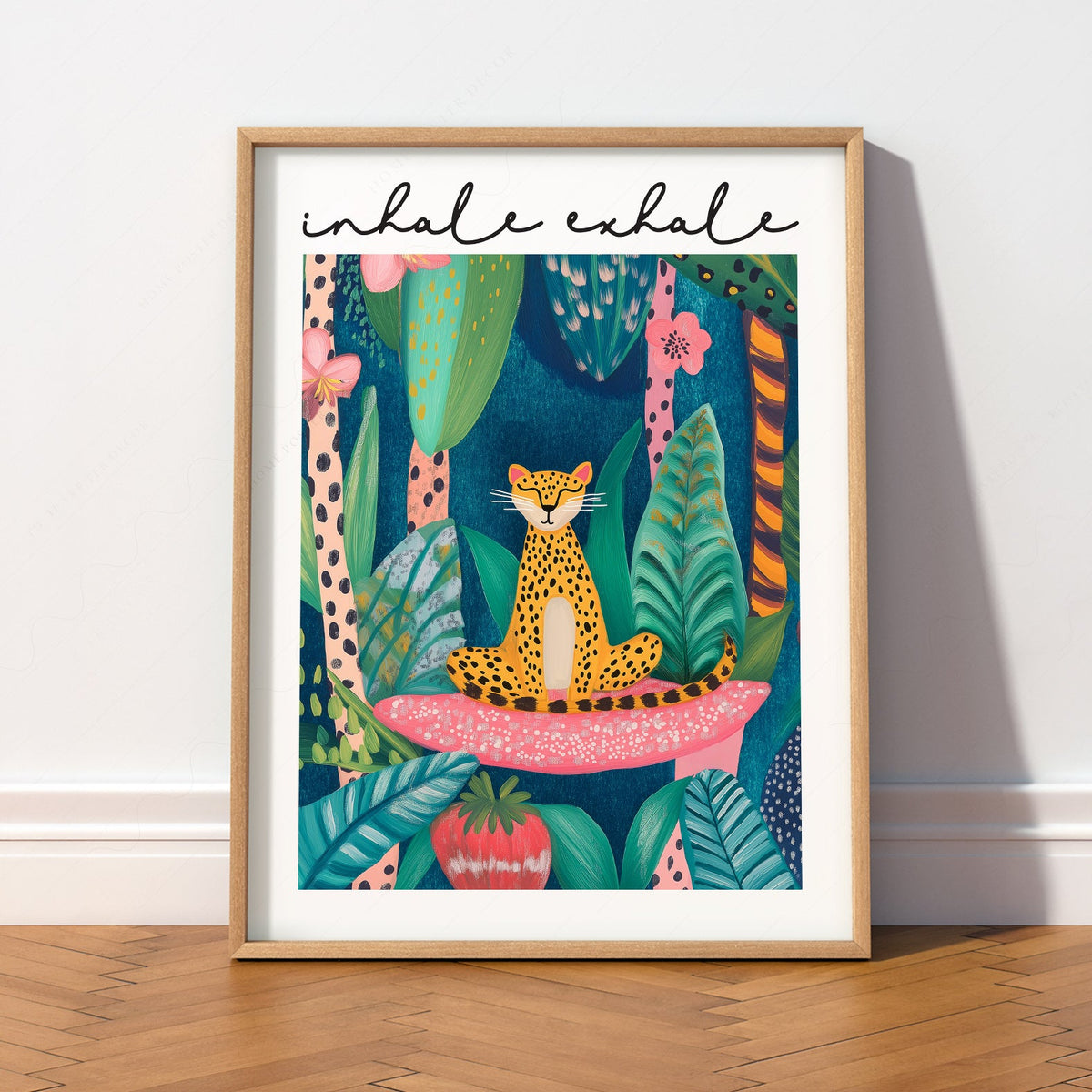 Impression artistique Guépard Inspire Expire – Décor mural zen jungle maximaliste