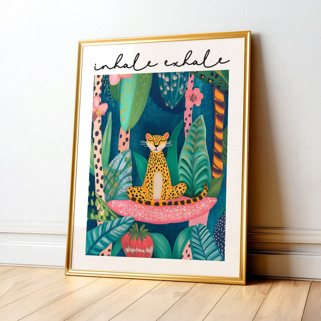 Impression artistique Guépard Inspire Expire – Décor mural zen jungle maximaliste