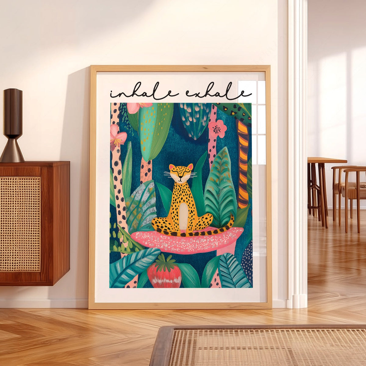 Impression artistique Guépard Inspire Expire – Décor mural zen jungle maximaliste