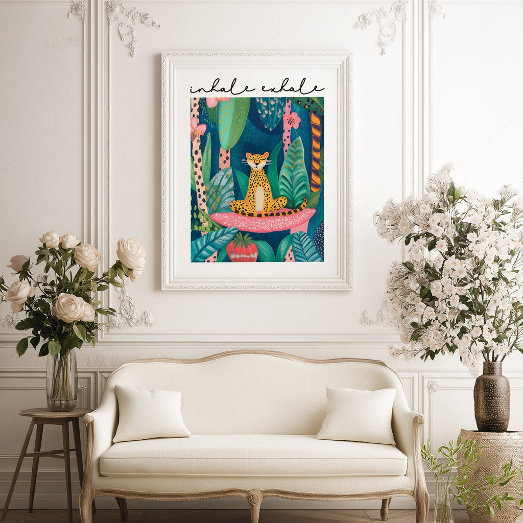Impression artistique Guépard Inspire Expire – Décor mural zen jungle maximaliste