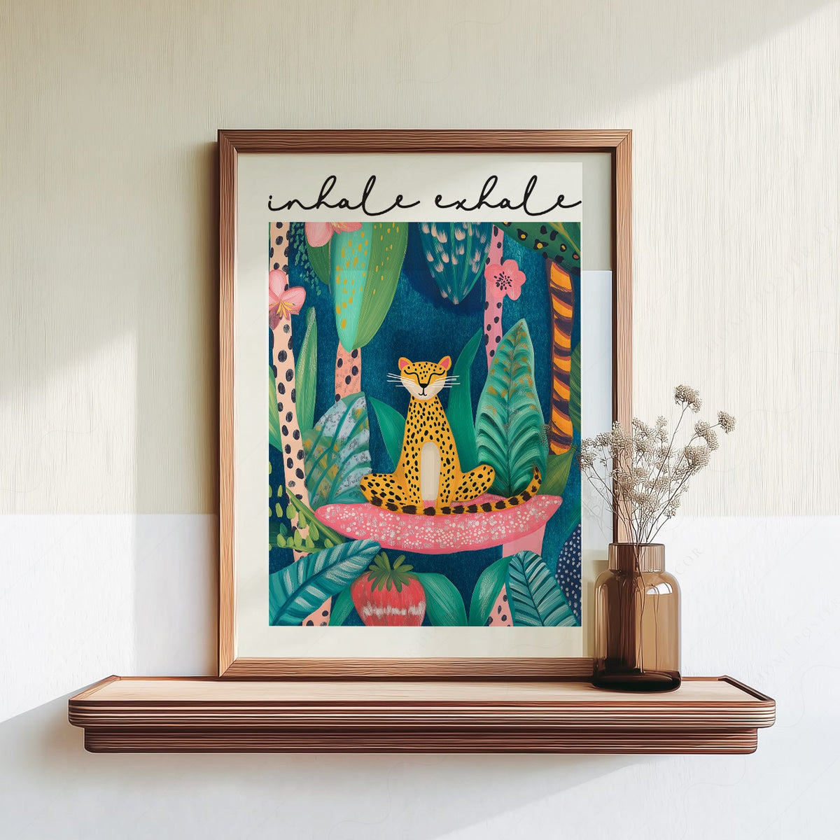 Impression artistique Guépard Inspire Expire – Décor mural zen jungle maximaliste