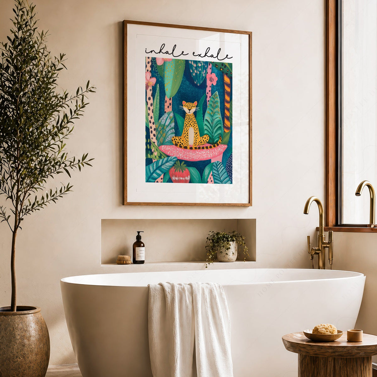 Impression artistique Guépard Inspire Expire – Décor mural zen jungle maximaliste