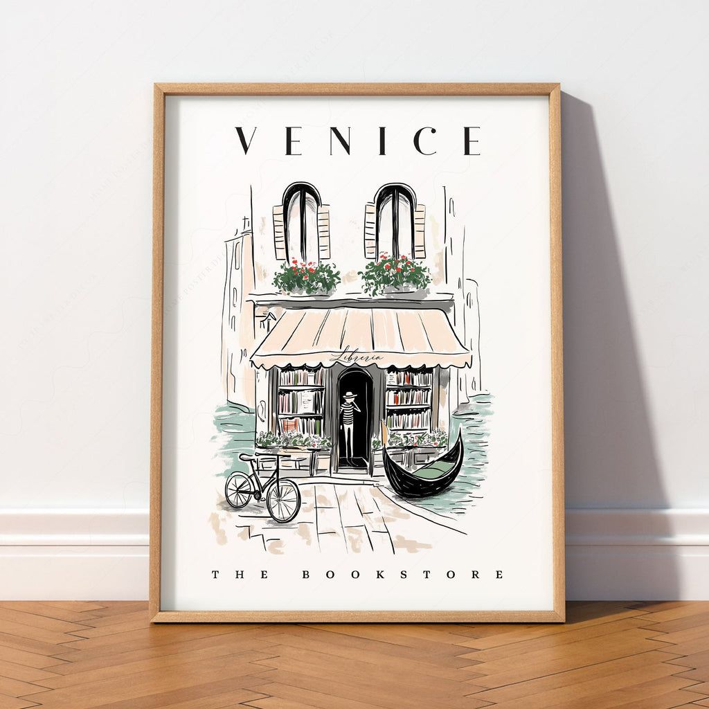 Venice Bookstore Art Print – Italian Travel Poster Wall Decor