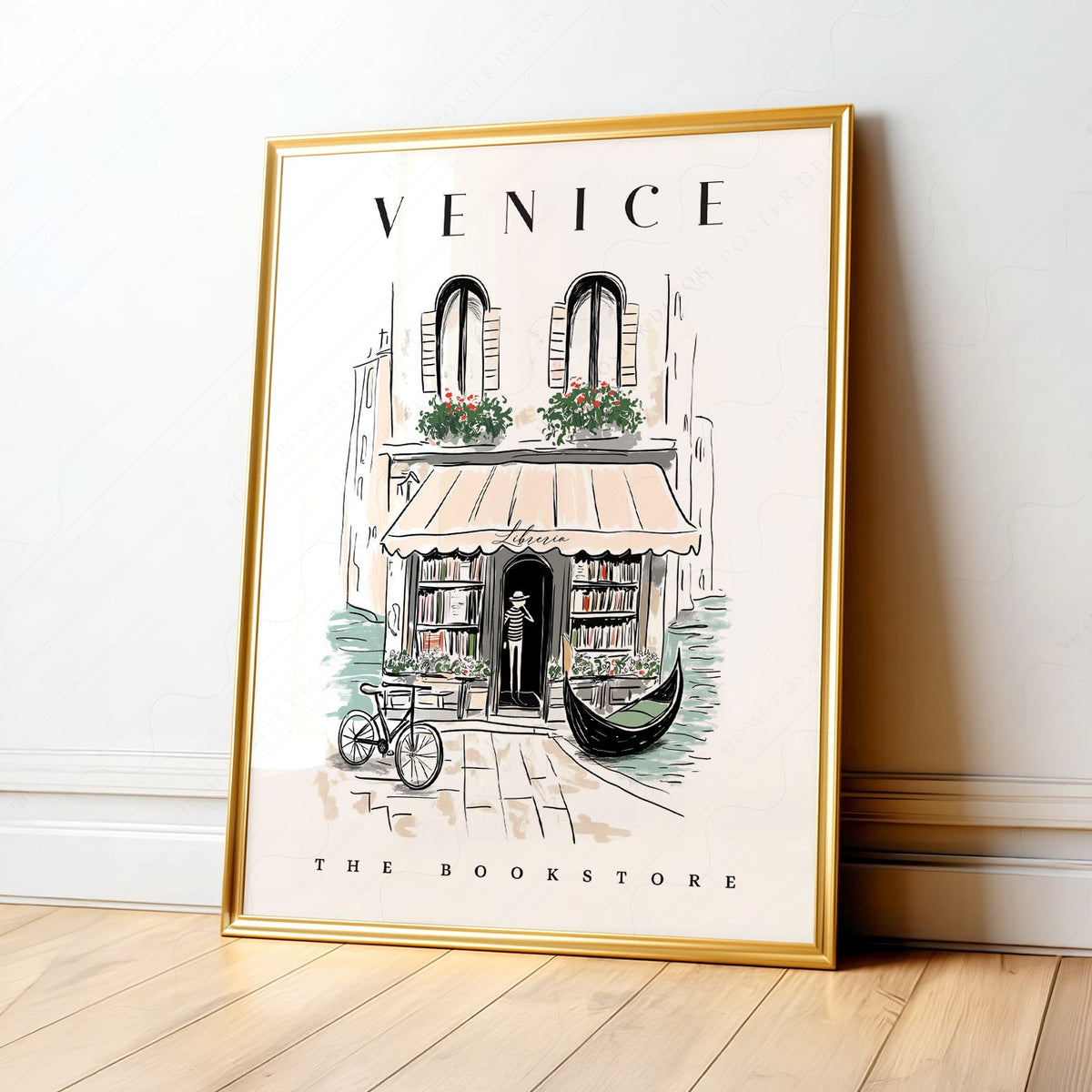 Venice Bookstore Art Print – Italian Travel Poster Wall Decor
