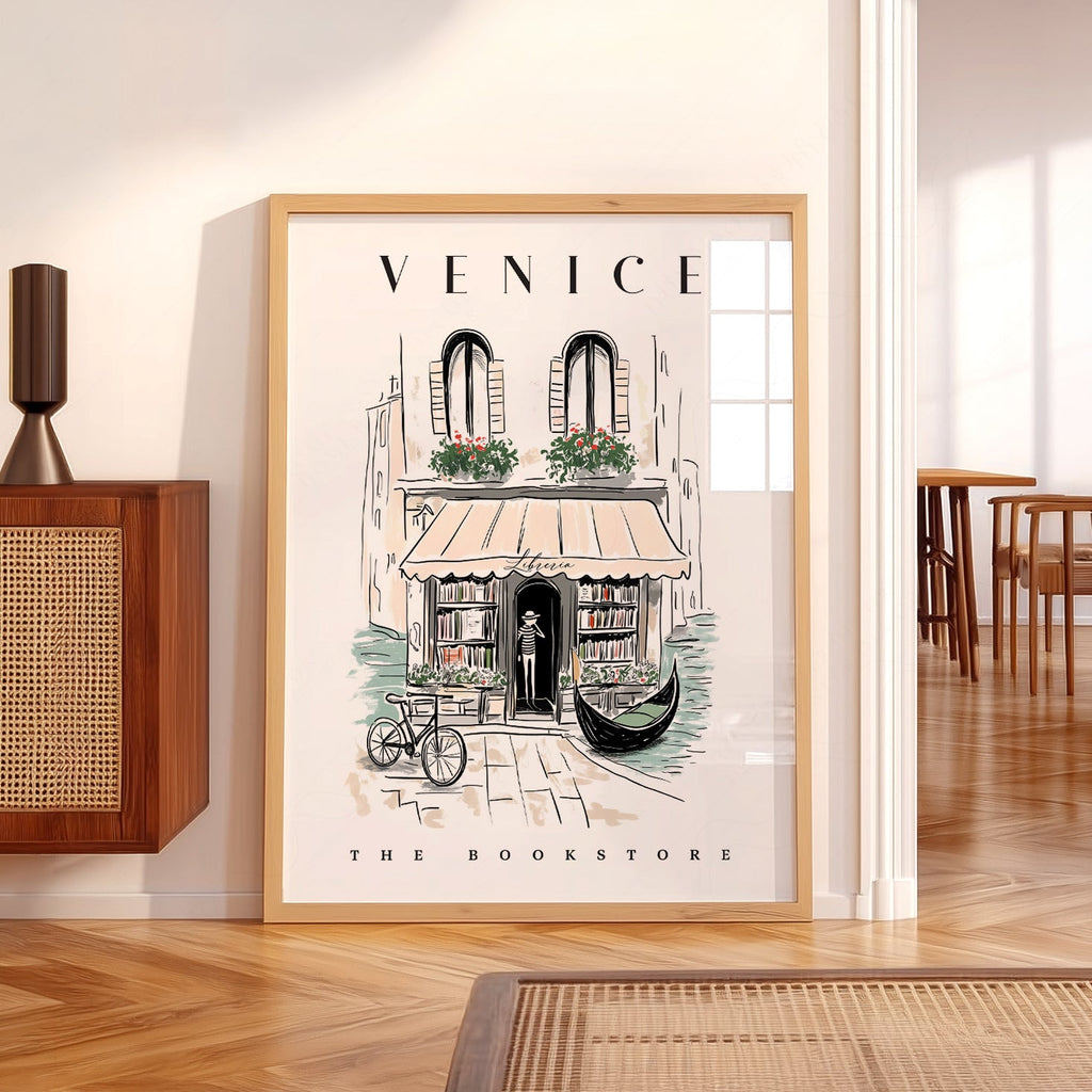 Venice Bookstore Art Print – Italian Travel Poster Wall Decor