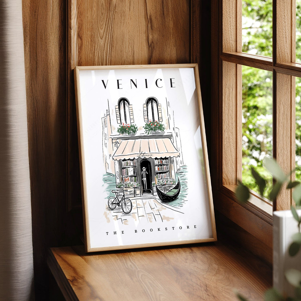 Venice Bookstore Art Print – Italian Travel Poster Wall Decor