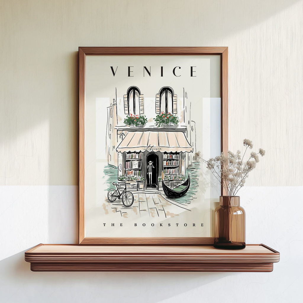 Venice Bookstore Art Print – Italian Travel Poster Wall Decor
