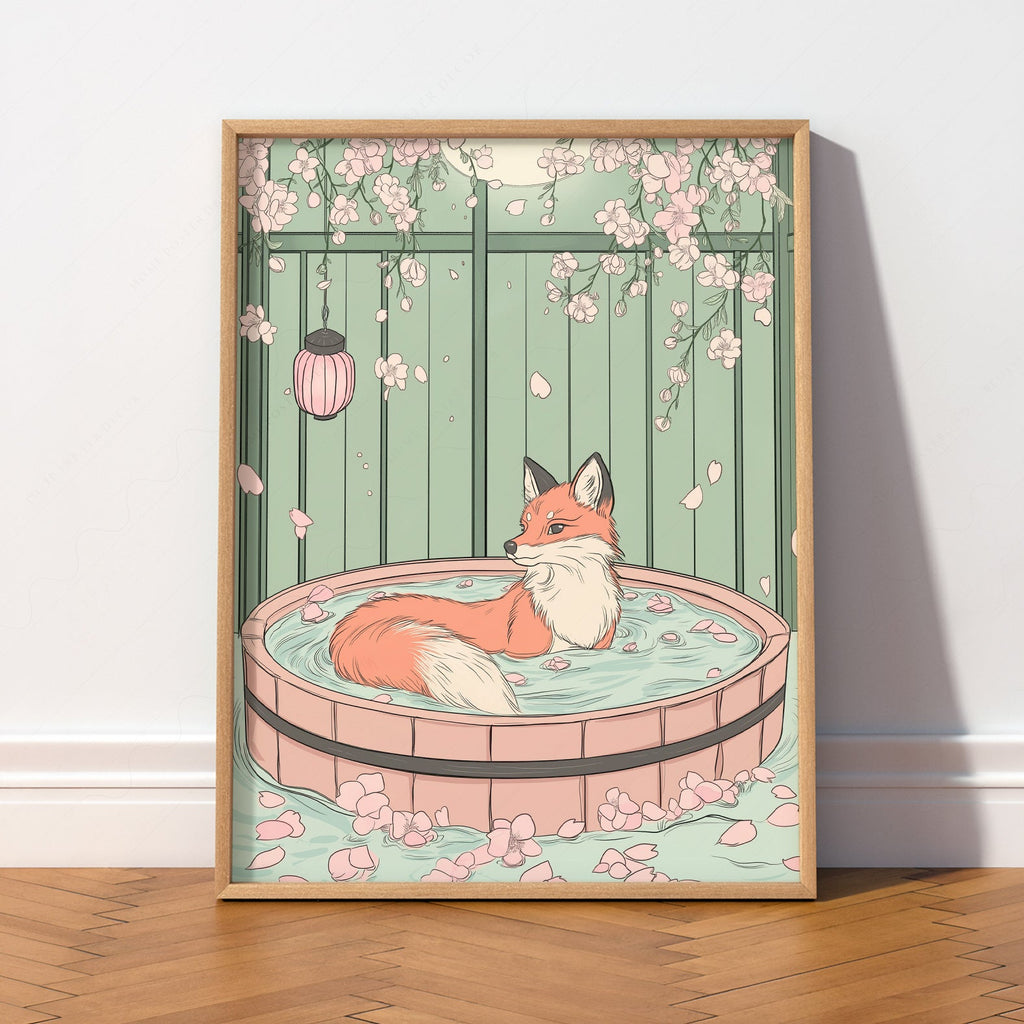Japanese Fox in Onsen Print – Zen Cherry Blossom Wall Art Poster