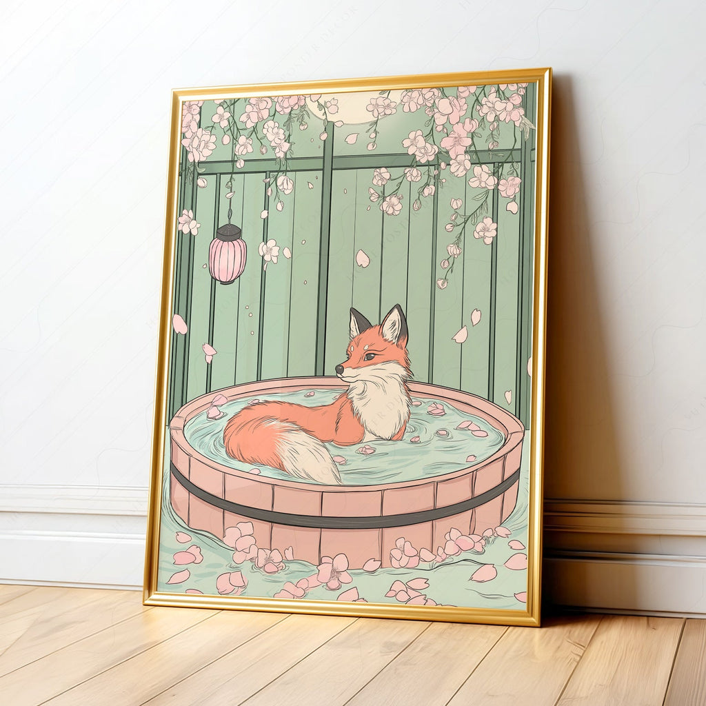 Japanese Fox in Onsen Print – Zen Cherry Blossom Wall Art Poster