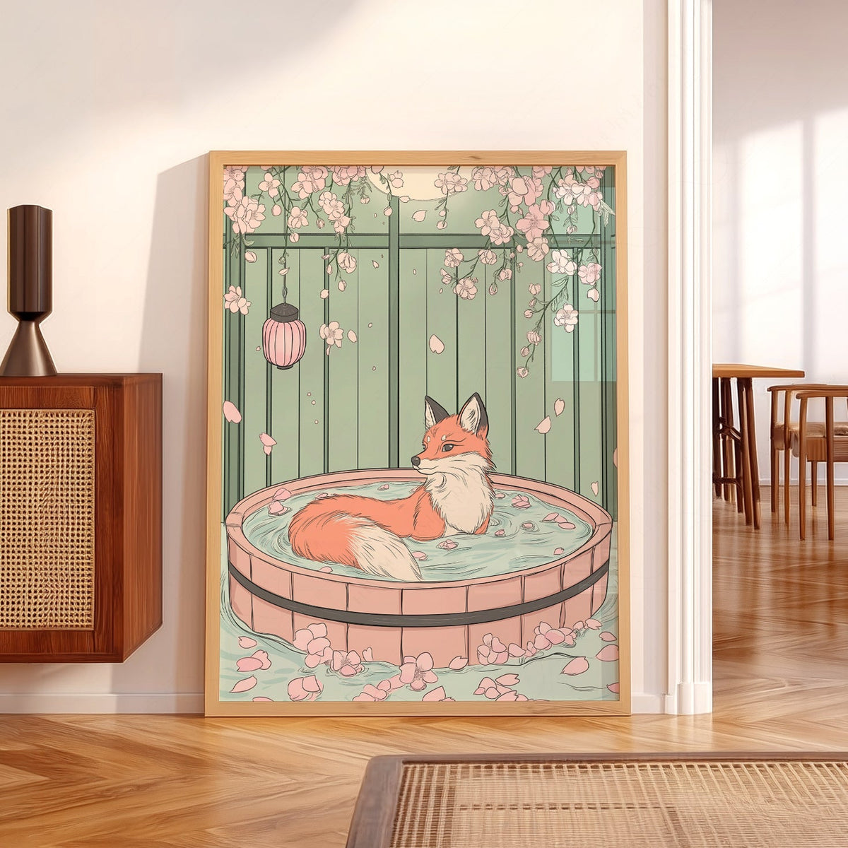 Japanese Fox in Onsen Print – Zen Cherry Blossom Wall Art Poster