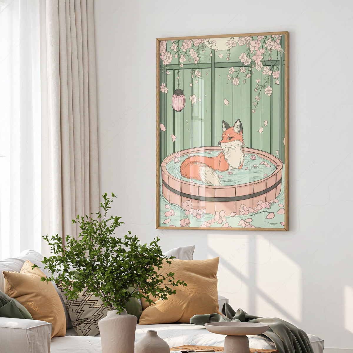 Japanese Fox in Onsen Print – Zen Cherry Blossom Wall Art Poster