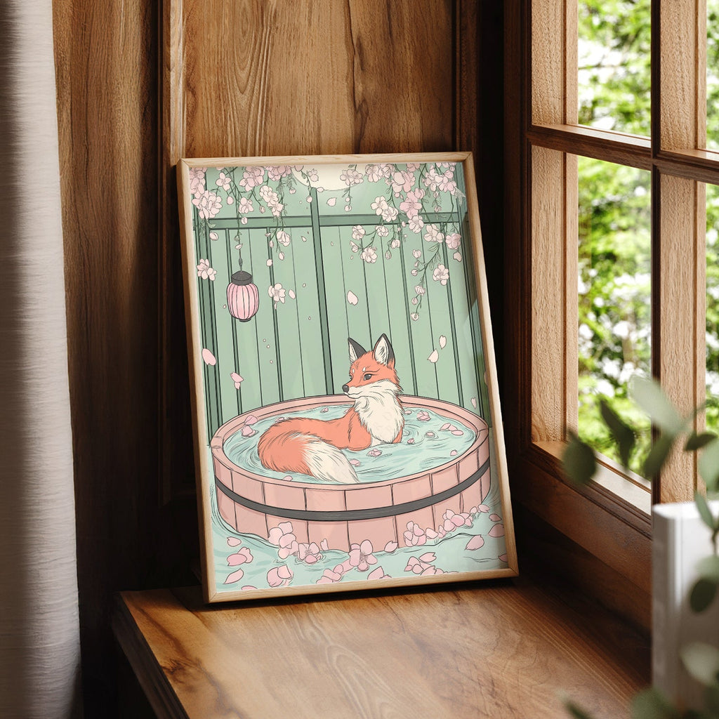 Japanese Fox in Onsen Print – Zen Cherry Blossom Wall Art Poster