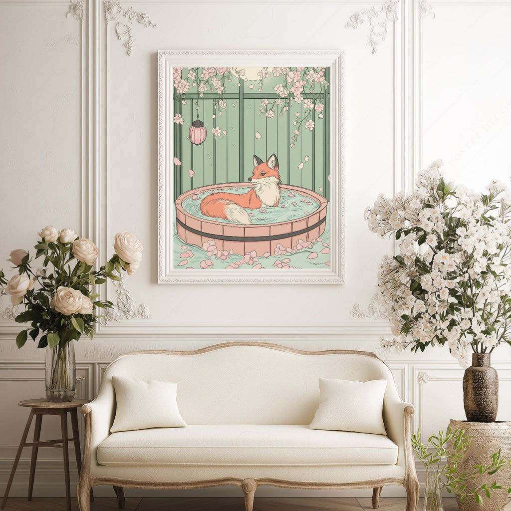 Japanese Fox in Onsen Print – Zen Cherry Blossom Wall Art Poster