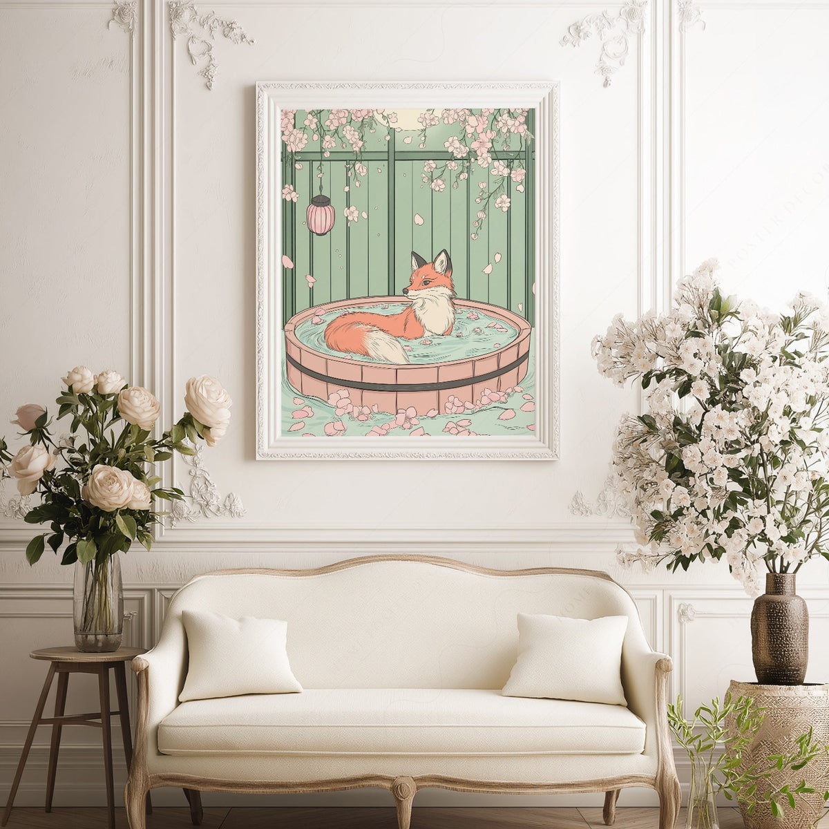 Japanese Fox in Onsen Print – Zen Cherry Blossom Wall Art Poster