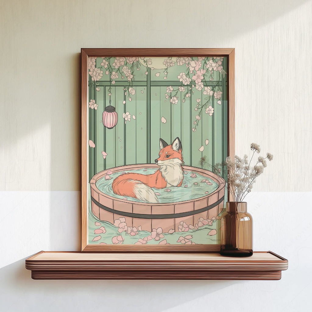 Japanese Fox in Onsen Print – Zen Cherry Blossom Wall Art Poster