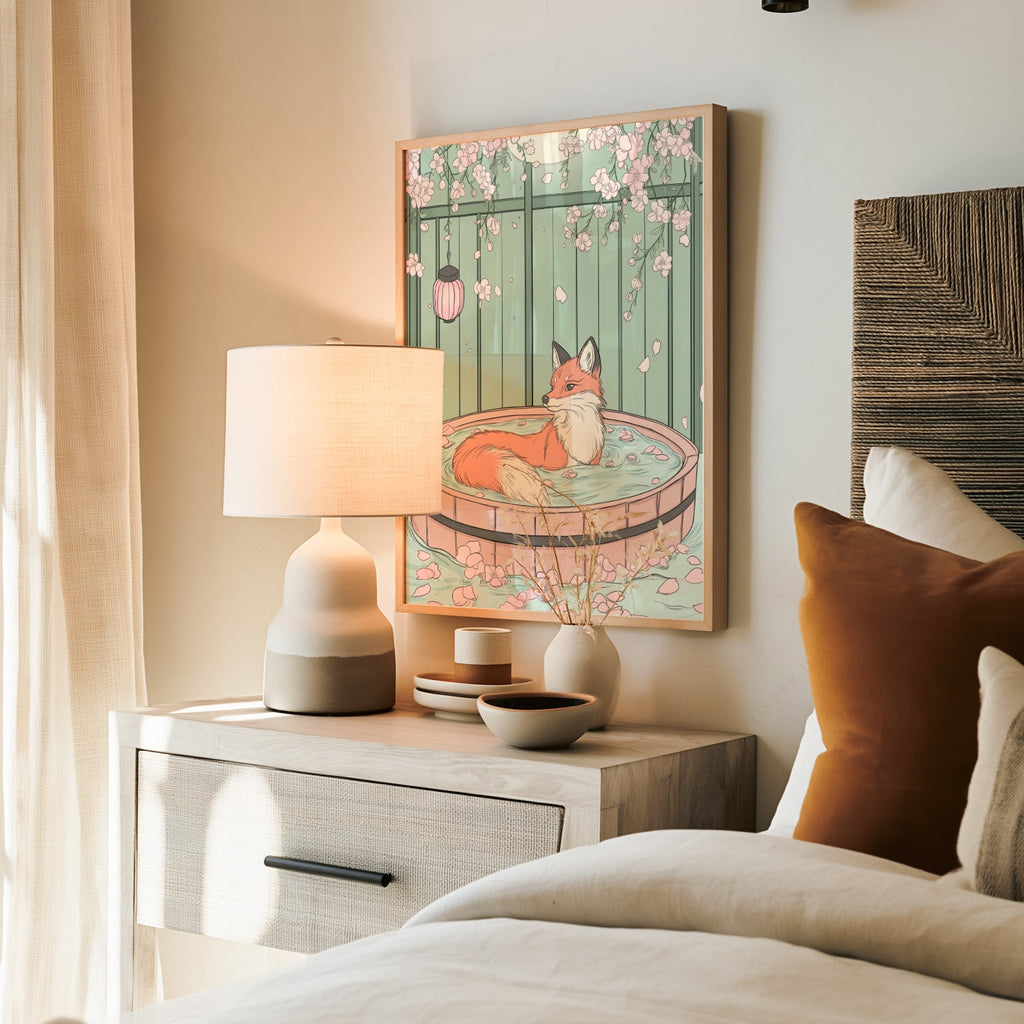 Japanese Fox in Onsen Print – Zen Cherry Blossom Wall Art Poster