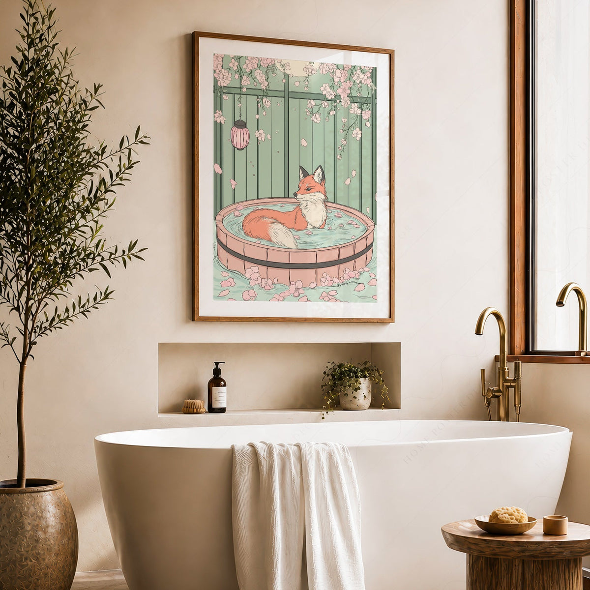 Japanese Fox in Onsen Print – Zen Cherry Blossom Wall Art Poster