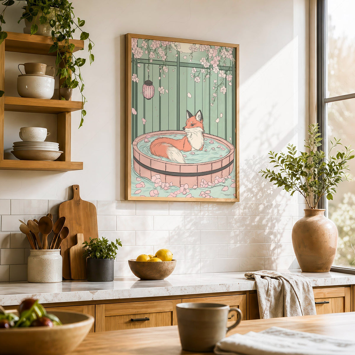 Japanese Fox in Onsen Print – Zen Cherry Blossom Wall Art Poster