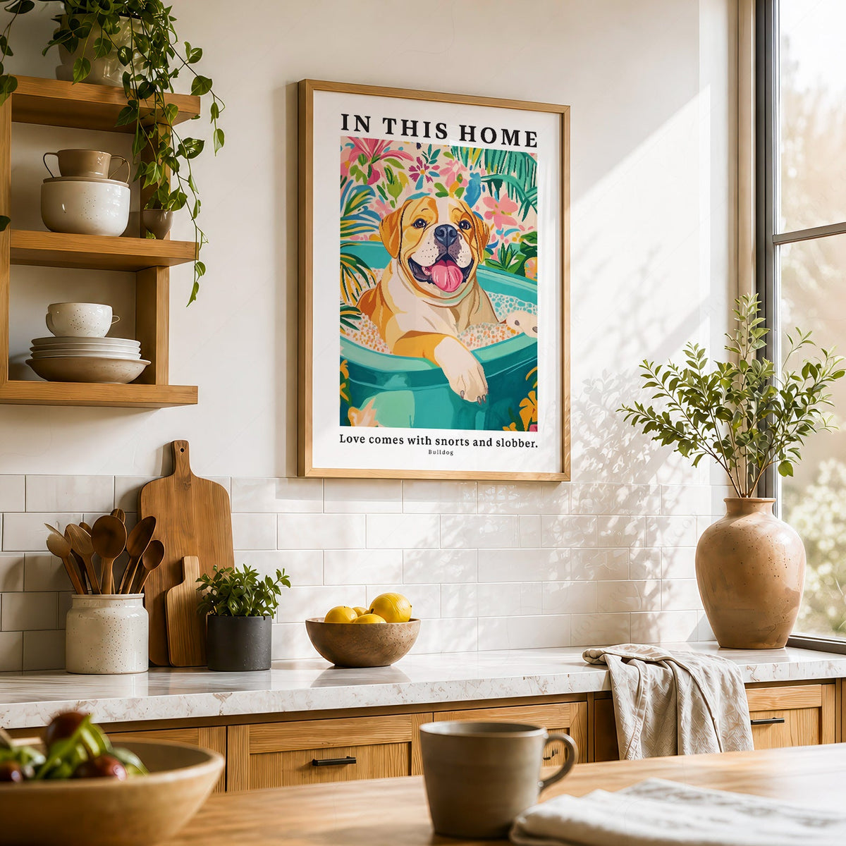 Bulldog Wall Art Print – In This Home Love Comes with Snorts and Slobber
