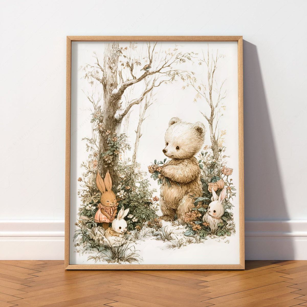Woodland Bear and Bunnies Nursery Art Print – Neutral Baby Room Decor