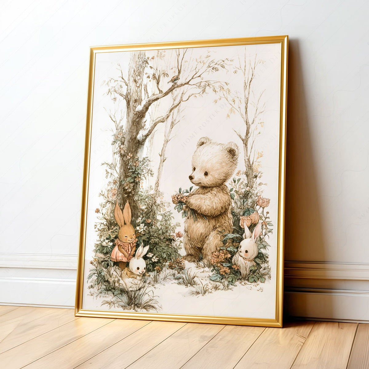 Woodland Bear and Bunnies Nursery Art Print – Neutral Baby Room Decor