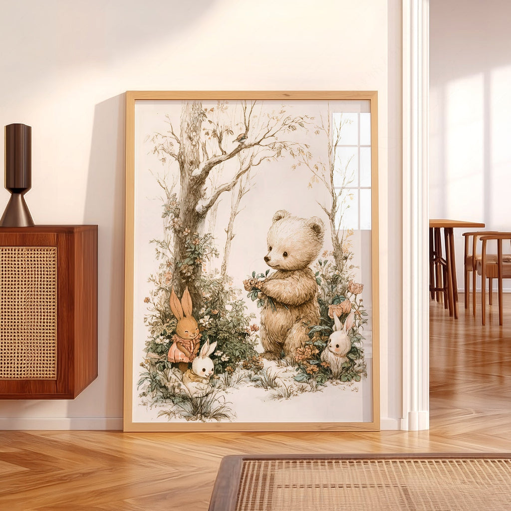 Woodland Bear and Bunnies Nursery Art Print – Neutral Baby Room Decor