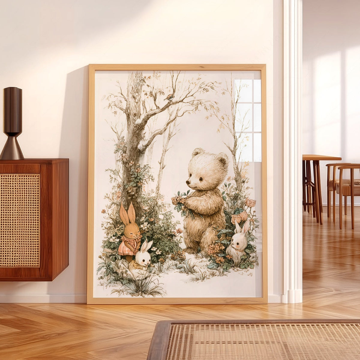 Woodland Bear and Bunnies Nursery Art Print – Neutral Baby Room Decor