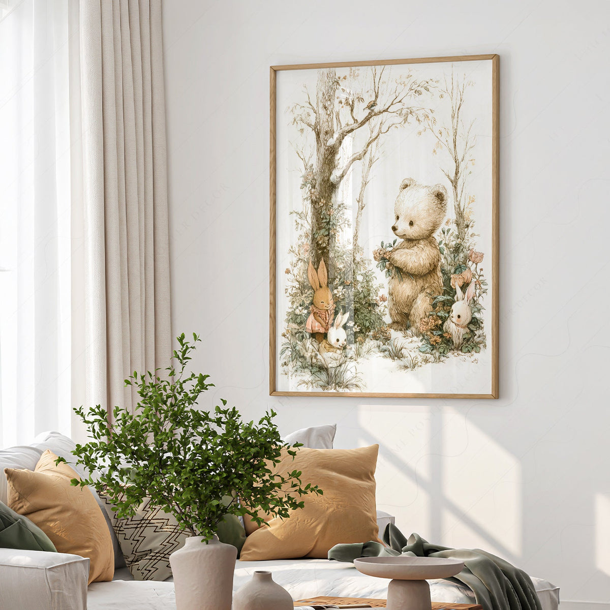 Woodland Bear and Bunnies Nursery Art Print – Neutral Baby Room Decor