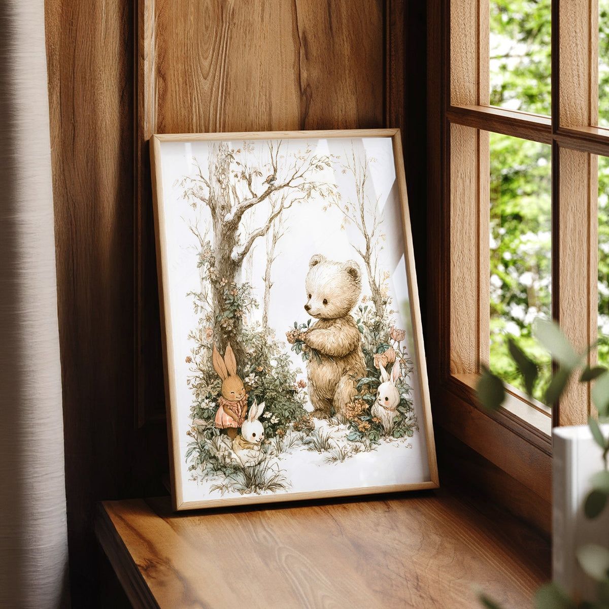 Woodland Bear and Bunnies Nursery Art Print – Neutral Baby Room Decor