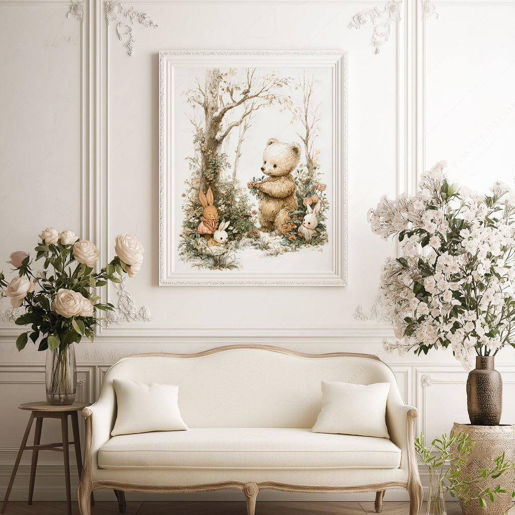 Woodland Bear and Bunnies Nursery Art Print – Neutral Baby Room Decor