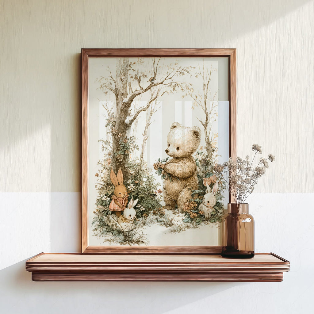 Woodland Bear and Bunnies Nursery Art Print – Neutral Baby Room Decor