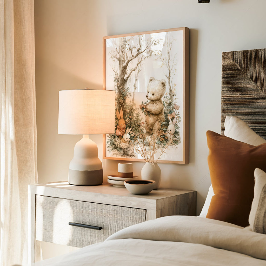 Woodland Bear and Bunnies Nursery Art Print – Neutral Baby Room Decor