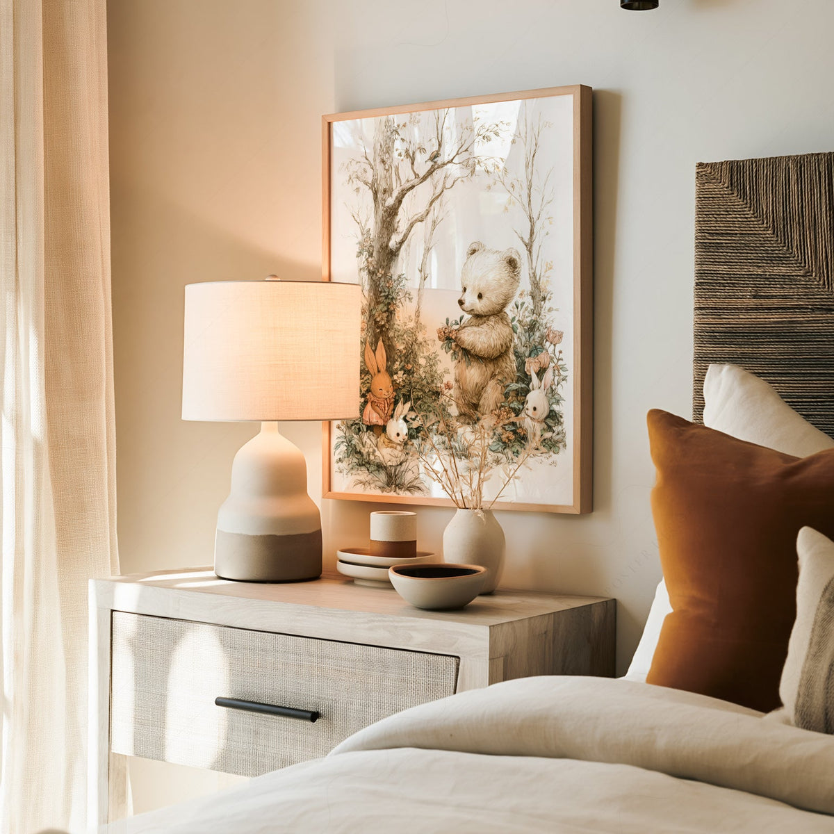 Woodland Bear and Bunnies Nursery Art Print – Neutral Baby Room Decor