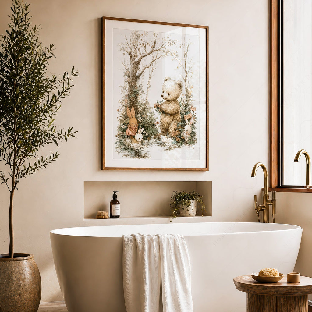 Woodland Bear and Bunnies Nursery Art Print – Neutral Baby Room Decor