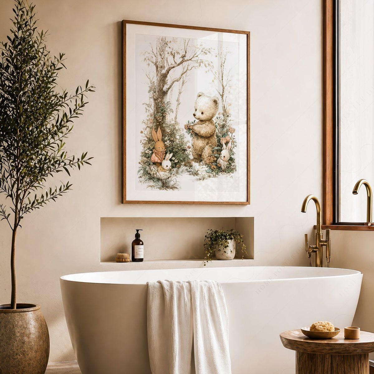 Woodland Bear and Bunnies Nursery Art Print – Neutral Baby Room Decor