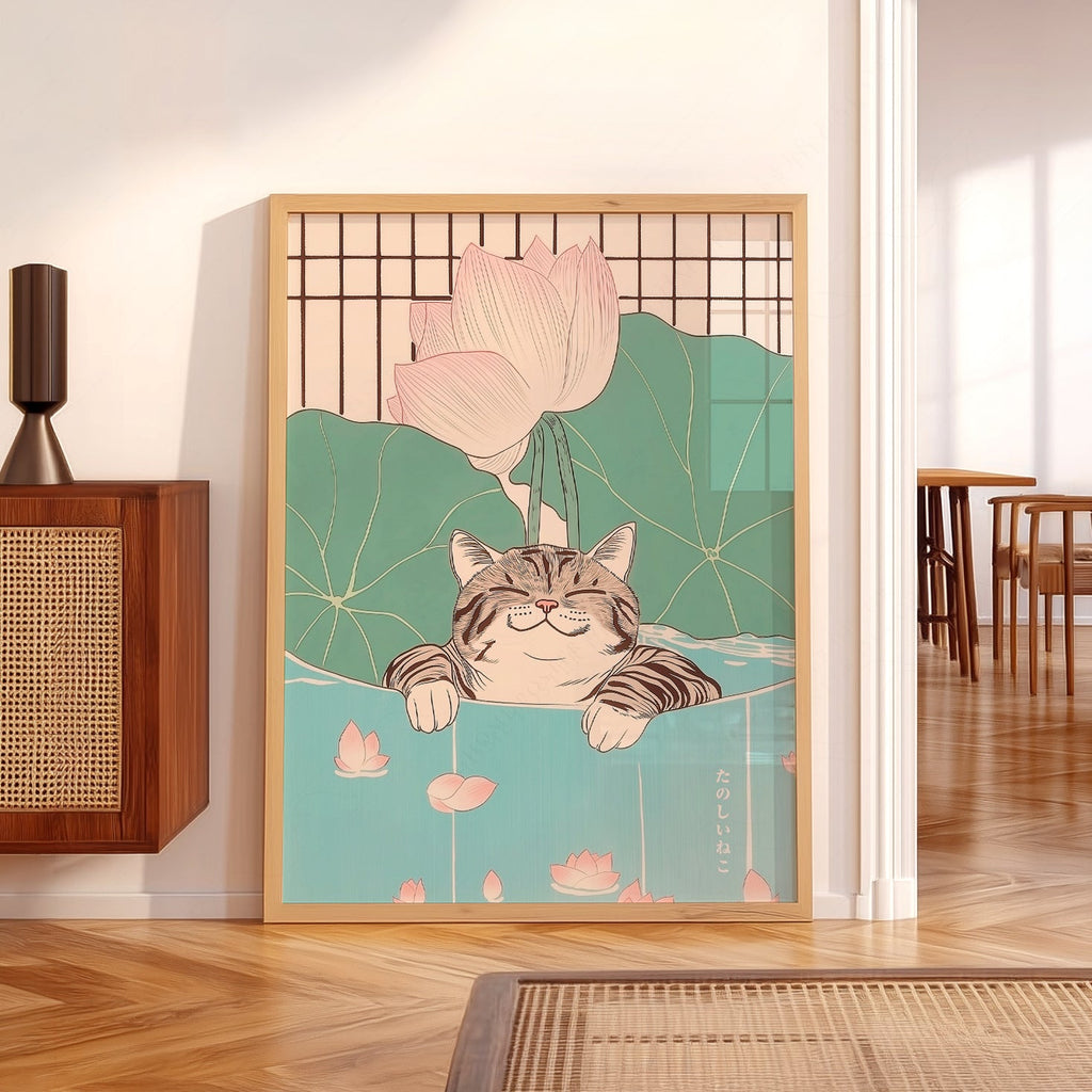 Impression Chat japonais dans un étang de lotus – Affiche murale zen japandi