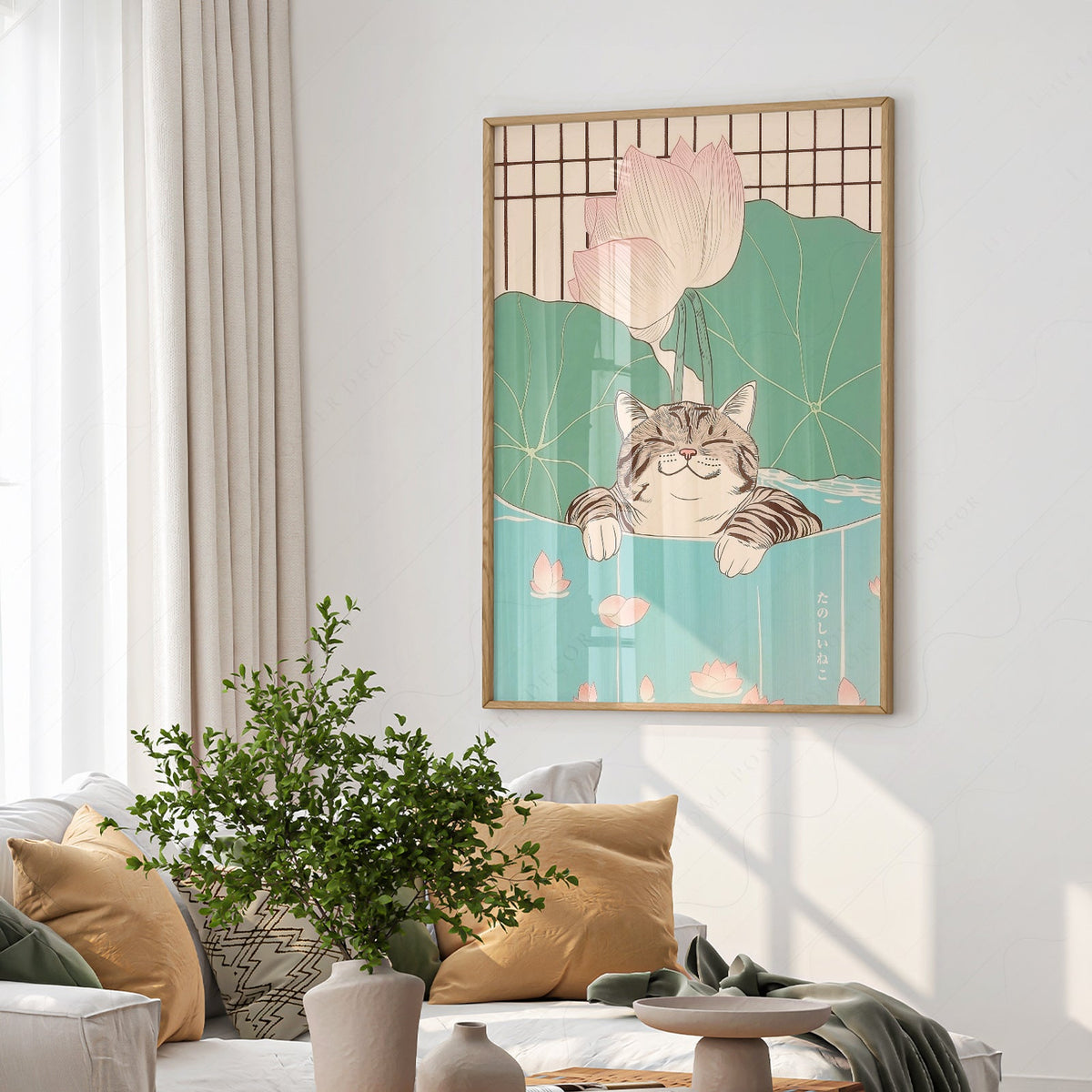 Impression Chat japonais dans un étang de lotus – Affiche murale zen japandi